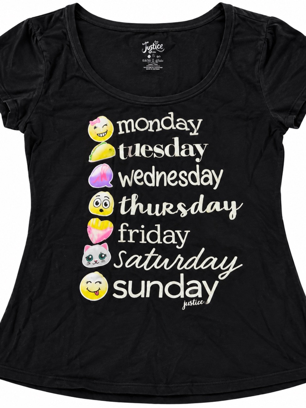 Justice Black Short-Sleeve Days of the Week Emoji Graphic Tee size 20